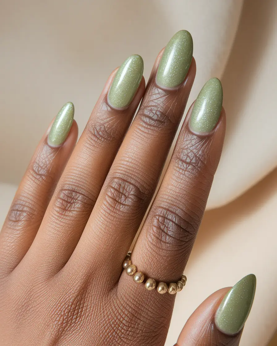 fall nail colors for dark skin 2025 Muted Olive Sparkle for Nature-Loving Souls