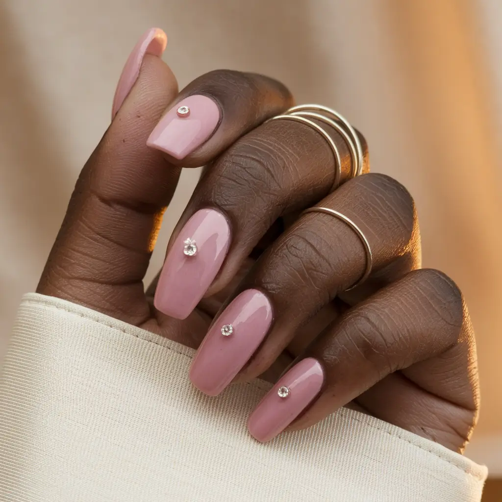fall nail colors on dark skin tones Blush Pink with Rhinestone Whisper