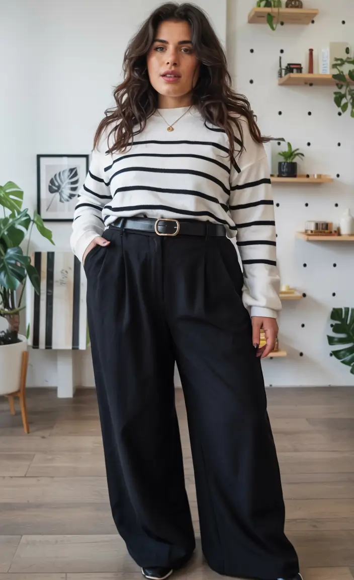fall plus size outfits ideas 2025 Parisian Stripes, Wide-Leg Grace