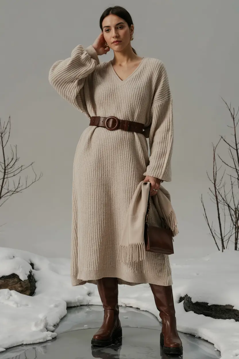 fall plus size outfits ideas 2025 Knitted Ease With Belted Definition
