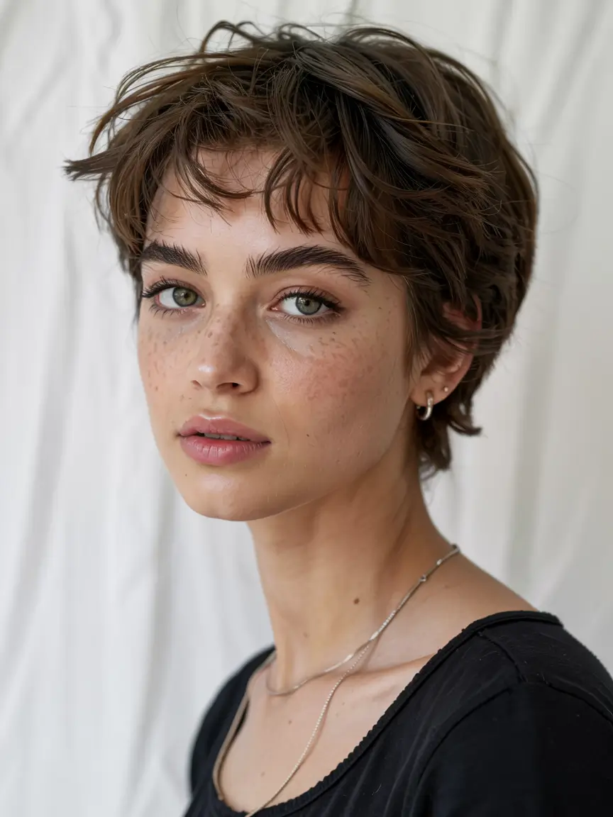 fall short haircut Layered Pixie with Freckled Softness