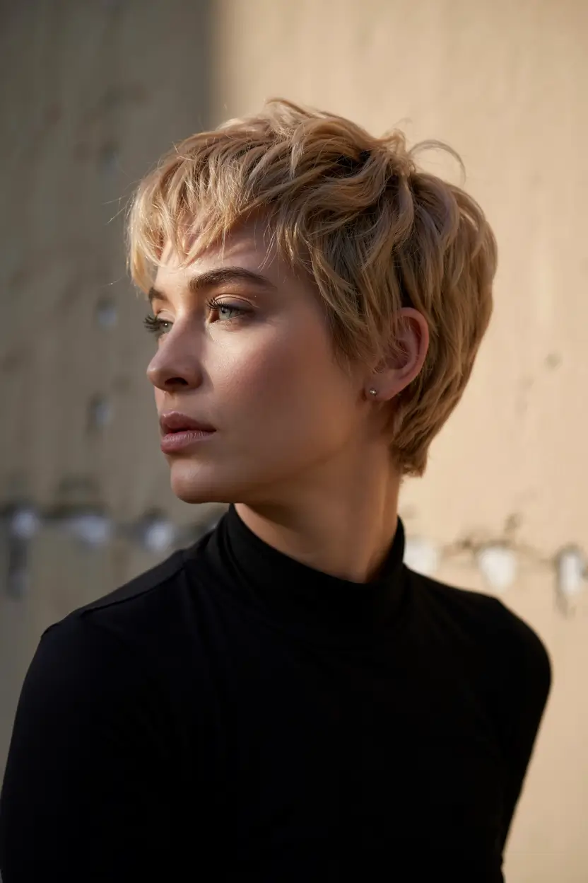 fall short haircut Blonde Tousled Crop with Baby Bangs