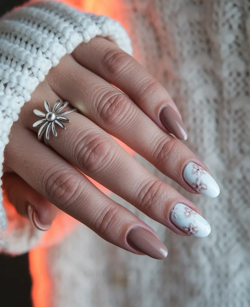 subtle fall nails 2025 Soft Clay Neutrals and Embossed Florals