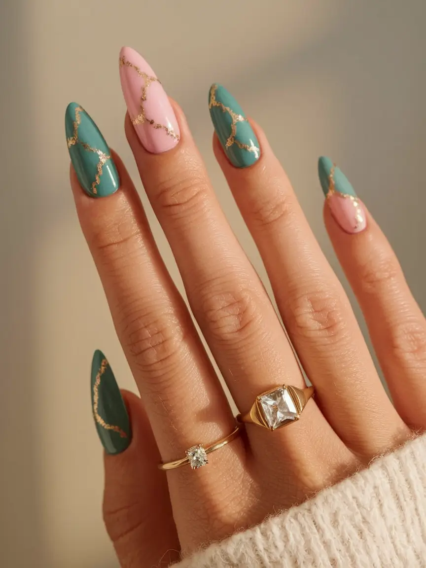 subtle fall nails 2025 Gold-Laced Pink and Teal Abstract