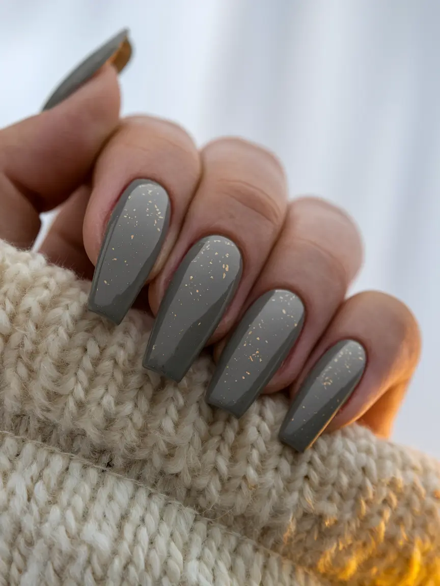 subtle fall nails 2025 Smoky Taupe Coffin with Gold Flecks