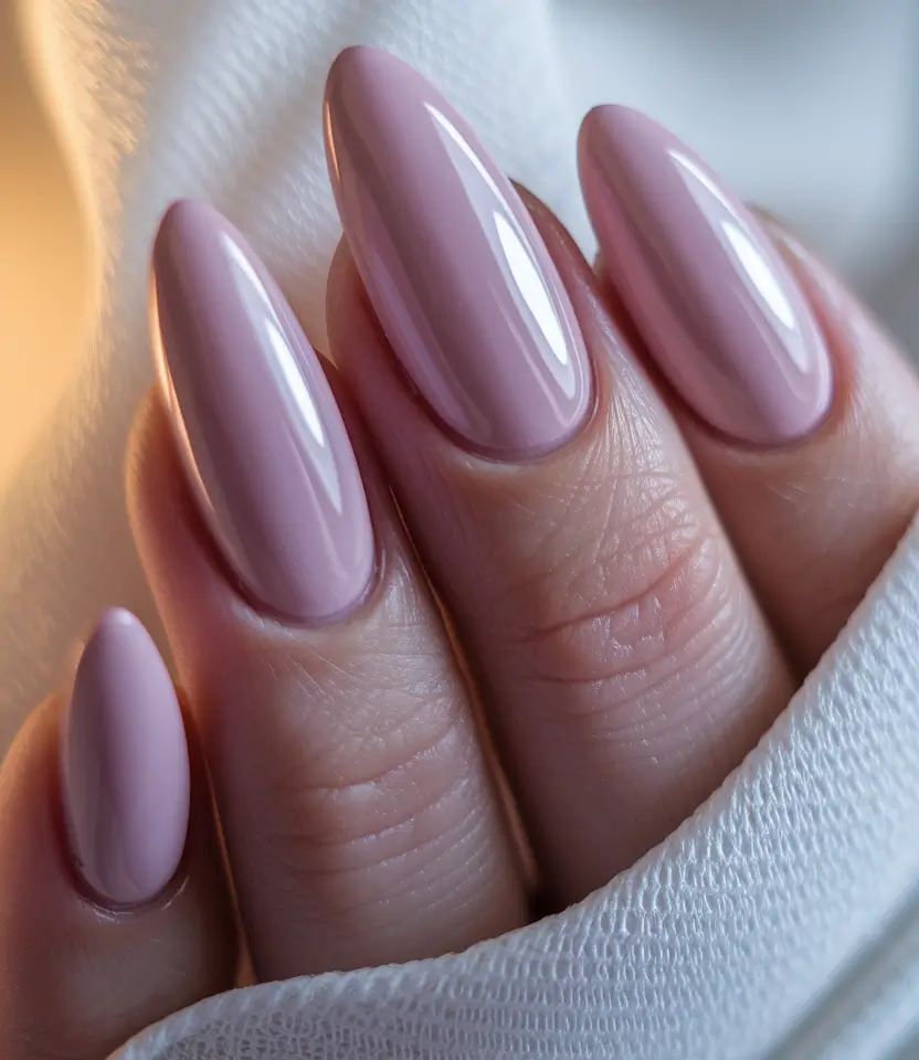 subtle fall nails 2025 Glossy Blush Almond with Bare Elegance