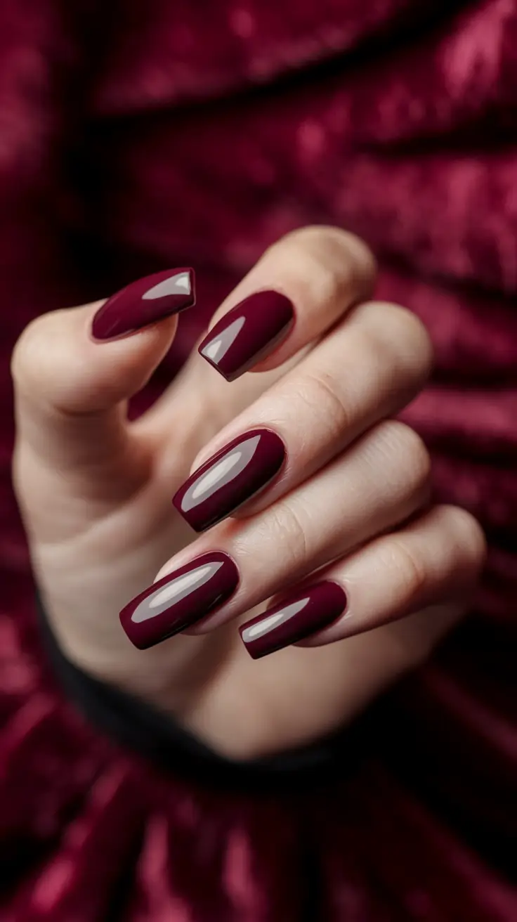 subtle fall nails 2025 Deep Red Velvet Coffin for Fall Evenings