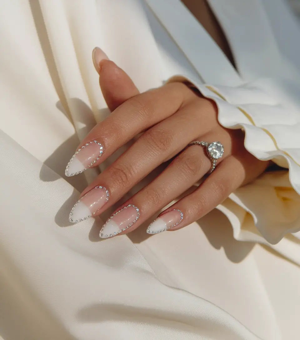 subtle fall nails Elegant White Fade with Crystal Edge