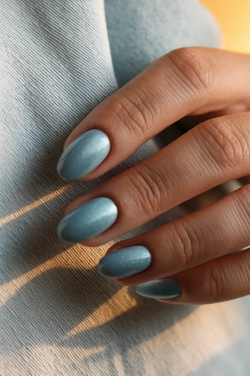 subtle fall nails Muted Denim Blue with a Satin Sheen