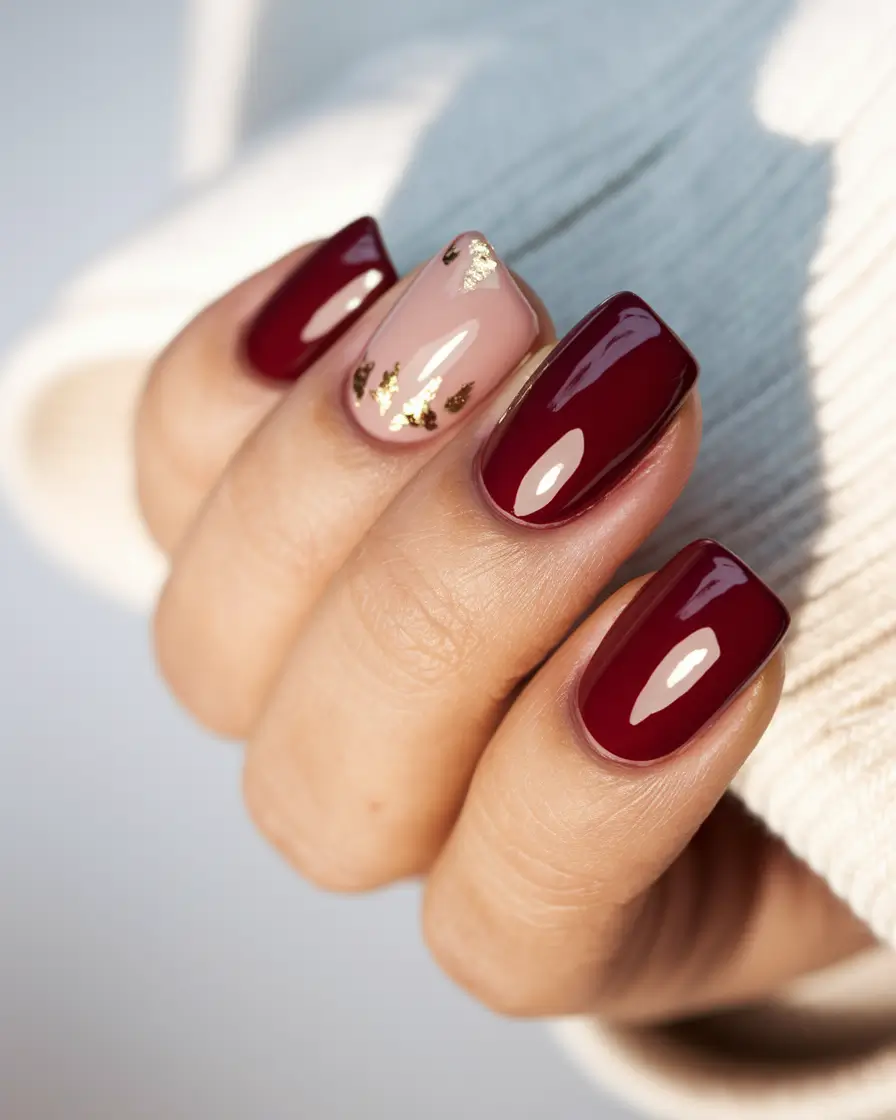 subtle fall nails Deep Red Meets Gold Leaf Accent