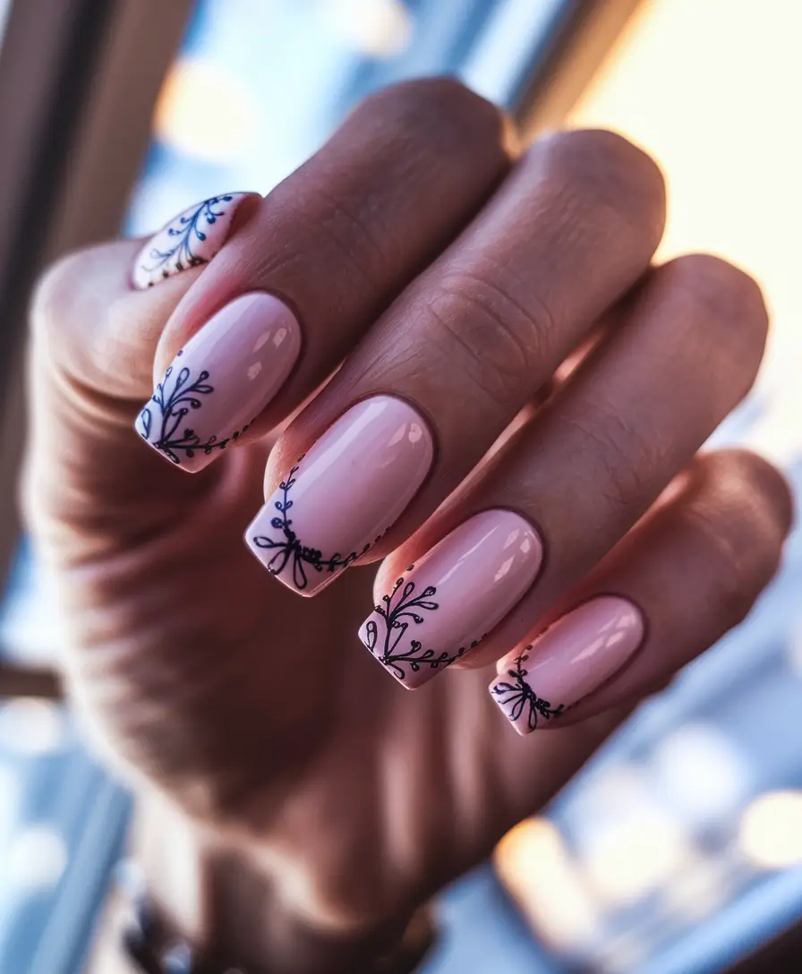 subtle fall nails 2025 Botanical Black on Glossy Nude
