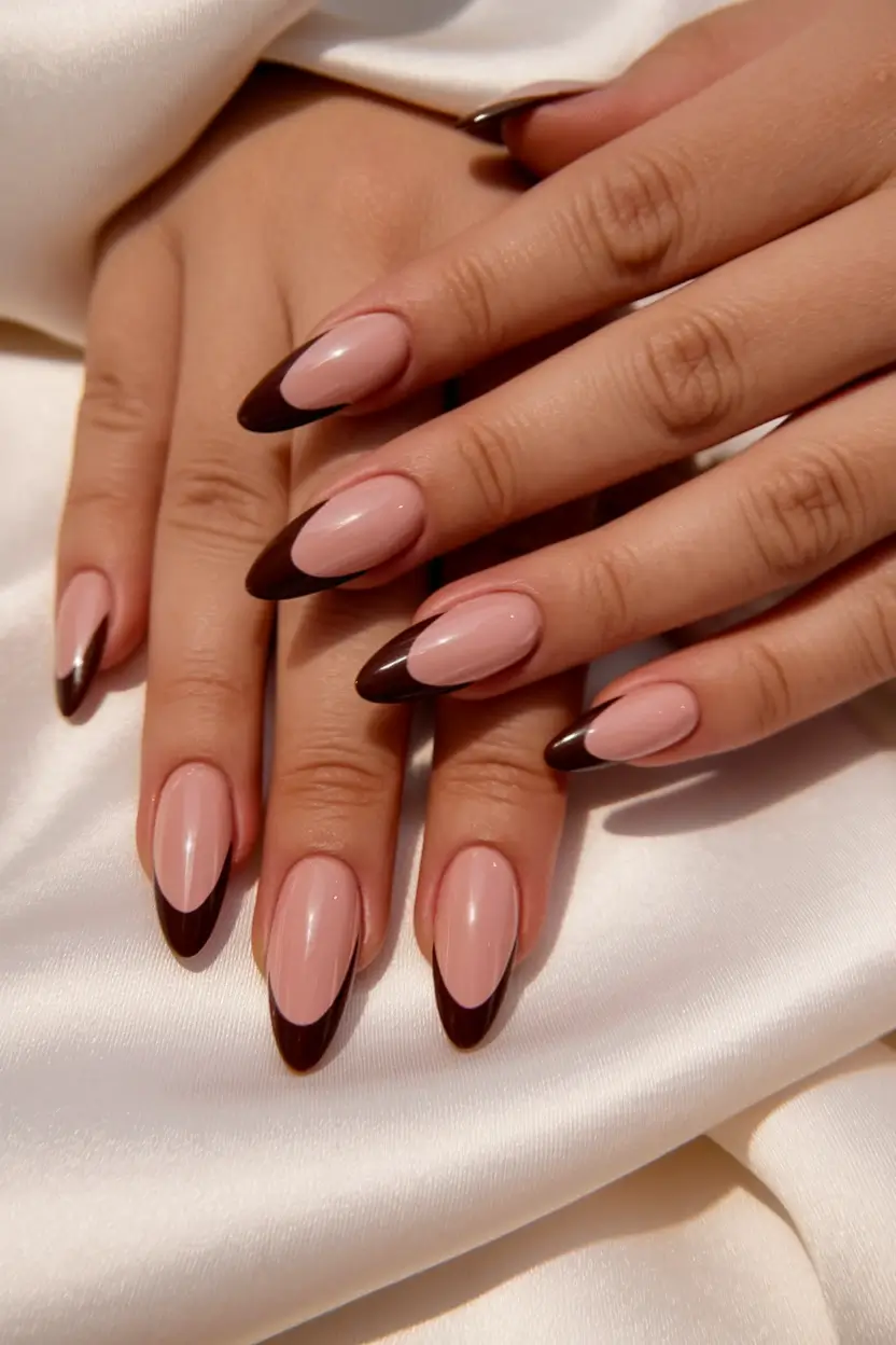 subtle fall nails Glossy Mocha French on Almond Tips