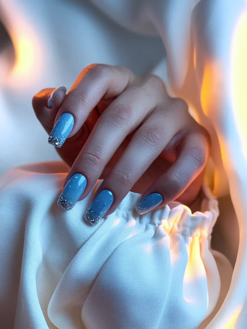 subtle fall nails 2025 Powder Blue with Frosted Glitter Tips