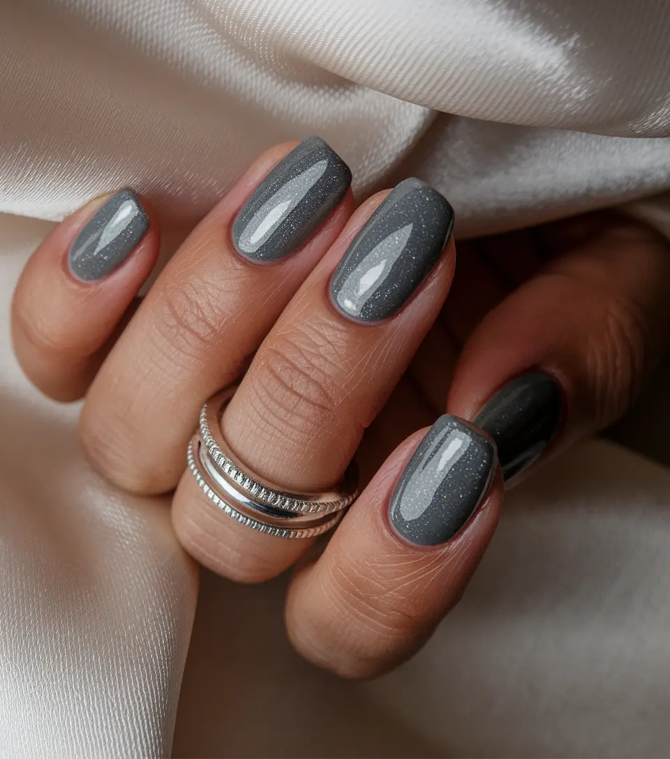 subtle fall nails 2025 Granite Gray with Glassy Finish