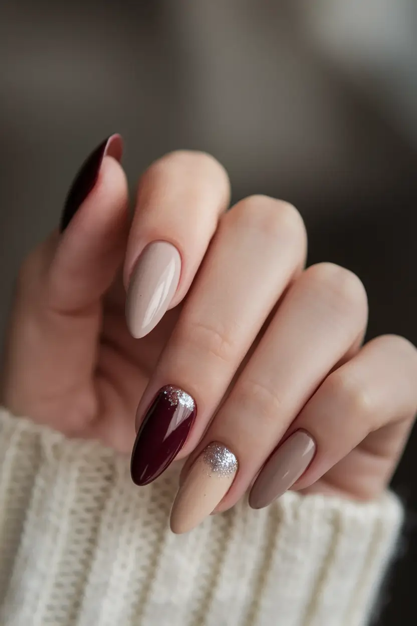 subtle fall nails 2025 Crimson & Beige with Glitter Accents