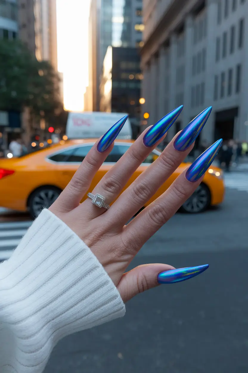 autumn nails colorful blue chrome 2025