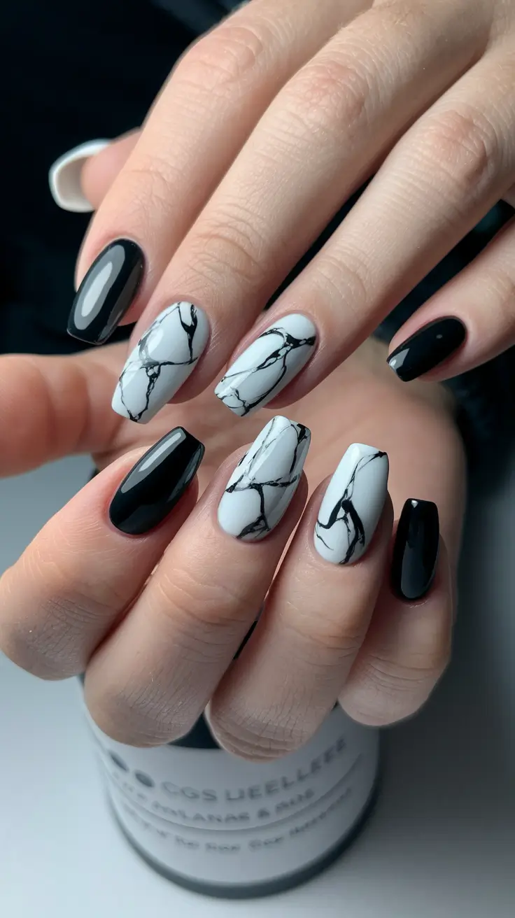 autumn nails designs 2025 Monochrome Marble Contrast