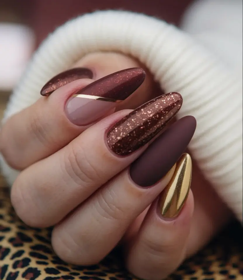 brown fall nails 2025 Velvet Chocolate with a Golden Edge