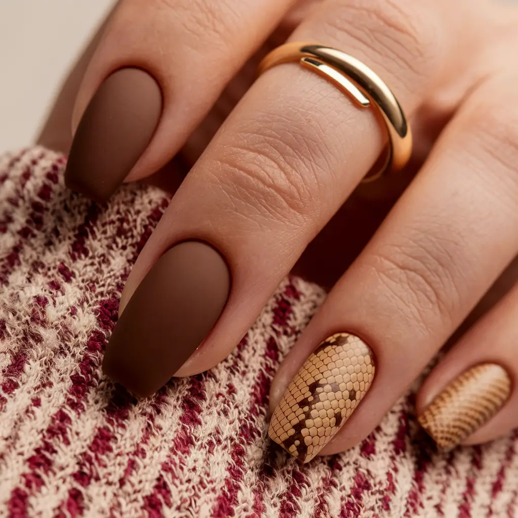 brown fall nails 2025 Matte Cocoa with Snake Print