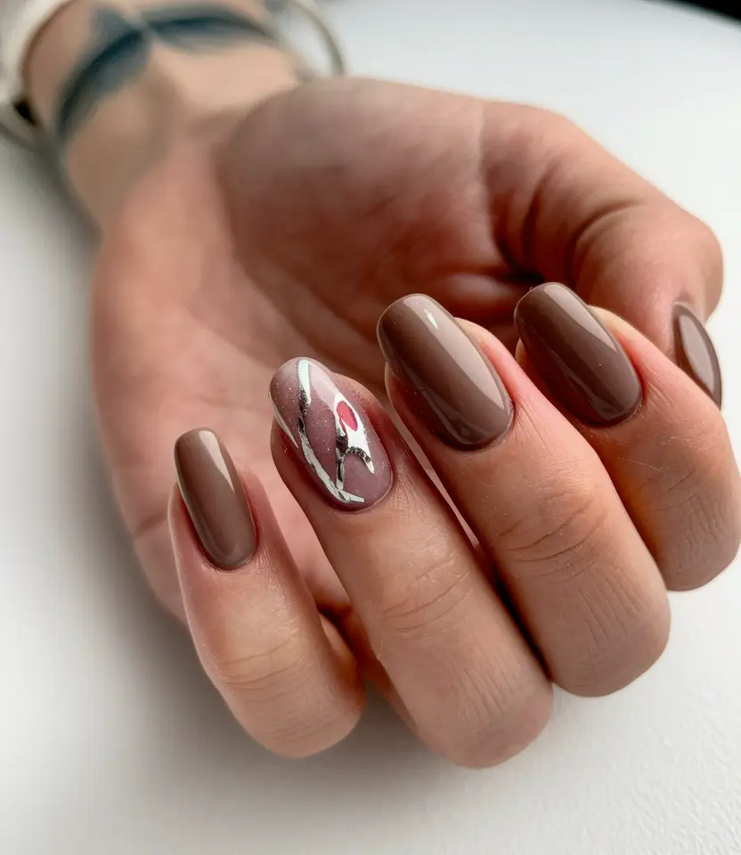 brown fall nails 2025 Floral Accent on Mocha Base