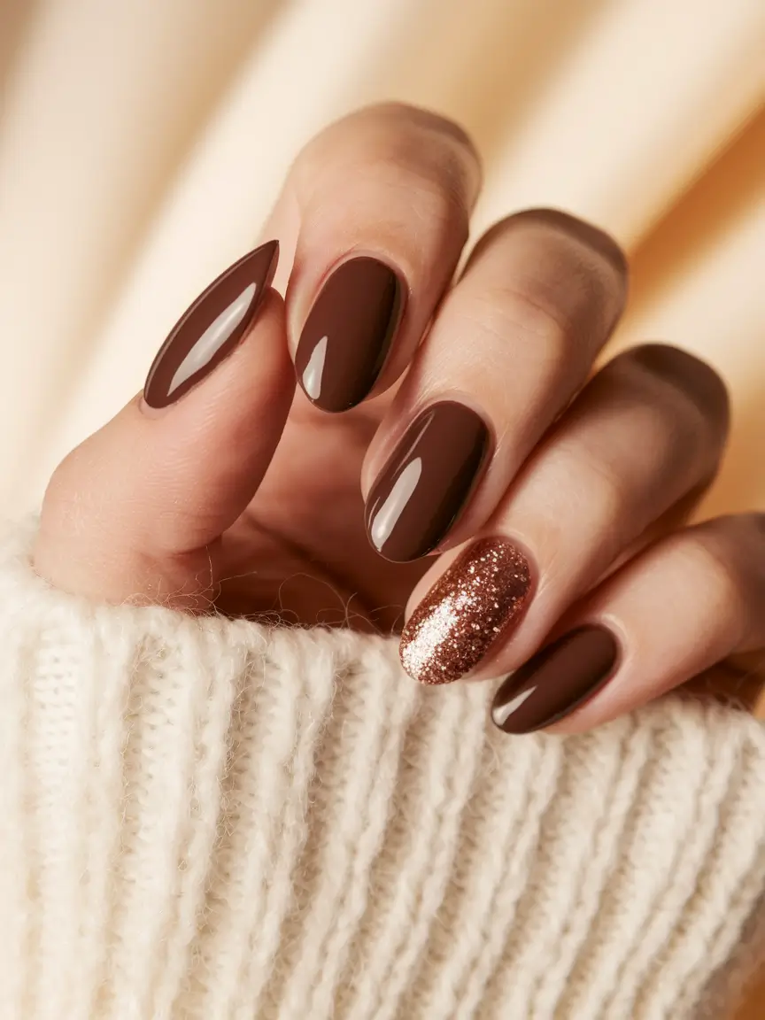 brown fall nails 2025 Classic Cocoa with Glitter Accent