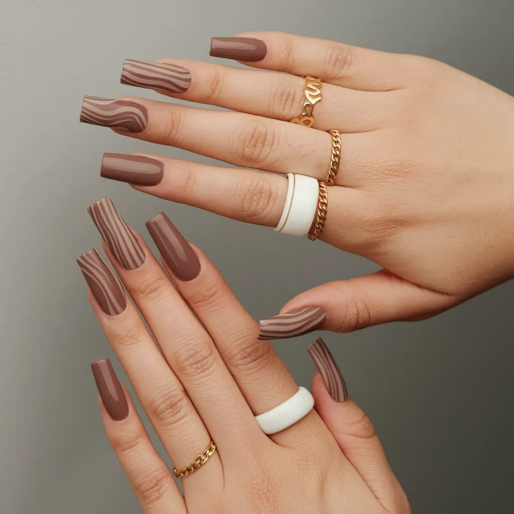 brown fall nails 2025 Striped Mocha Coffin Nails