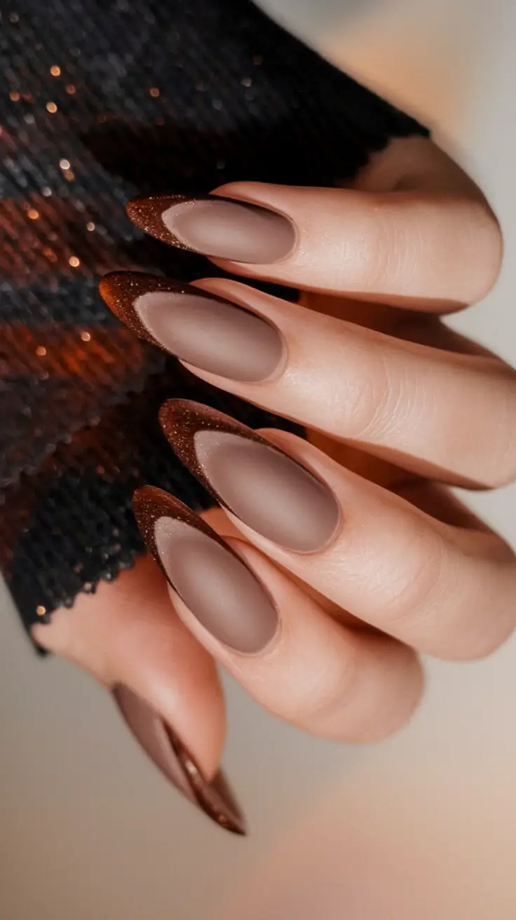 brown fall nails 2025 Matte Mocha French with Sparkling Tips