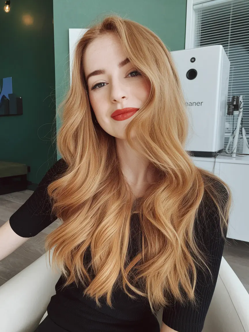 easy fall hairstyles ideas 2025 Golden Strawberry Waves