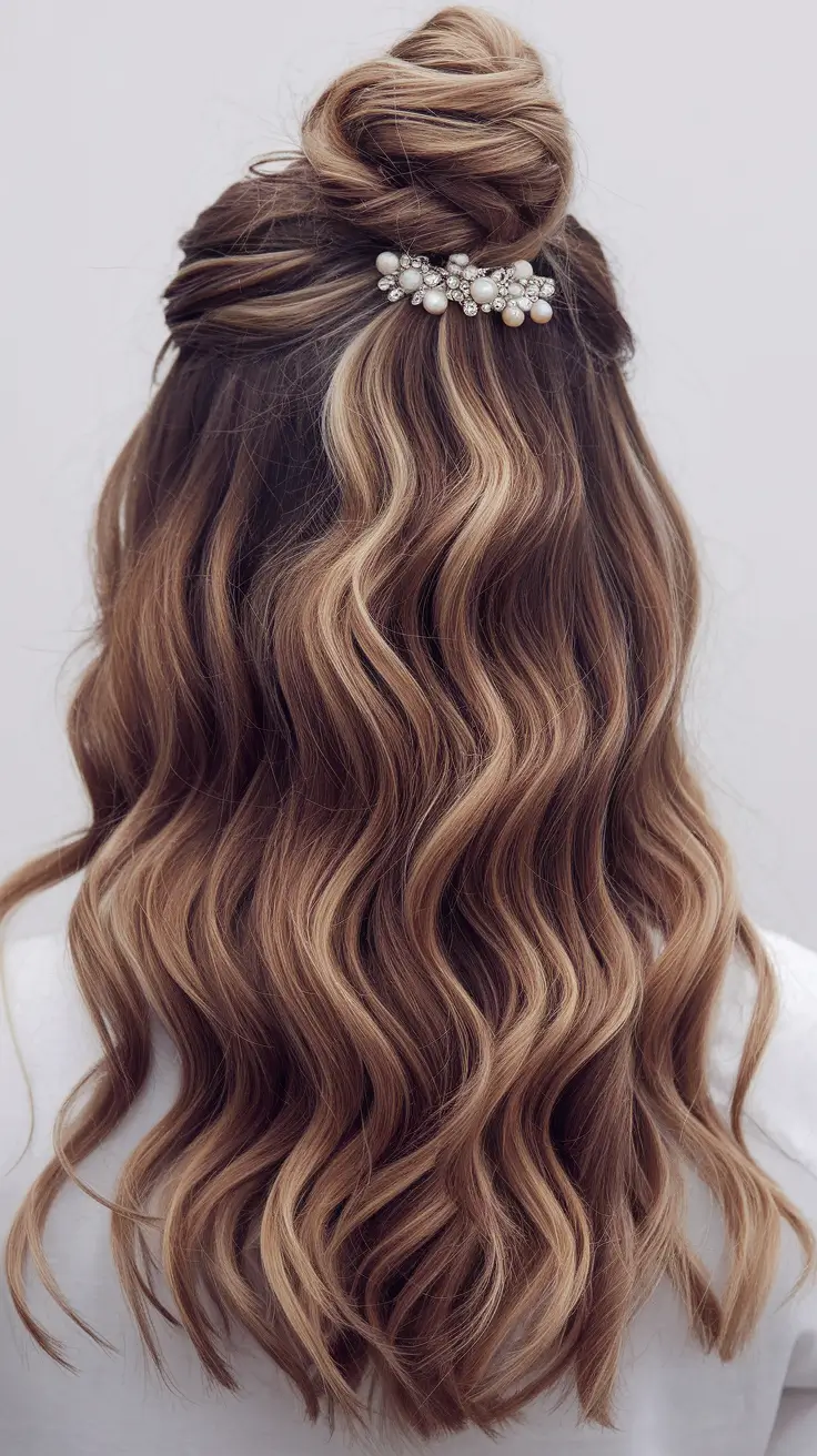 easy fall hairstyles ideas 2025 Half-Up Top Knot with Pearl Clip