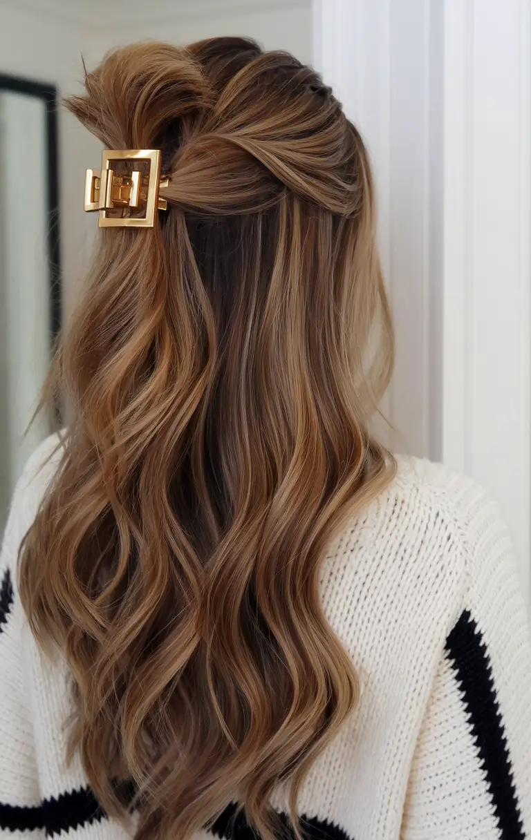 easy fall hairstyles ideas 2025 Half-Up Twist with Gold Claw Clip