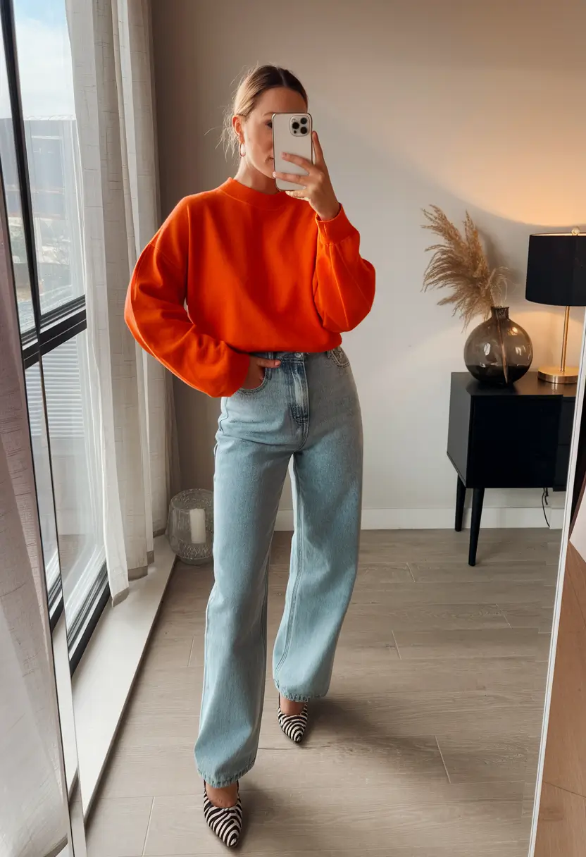everyday fall outfits ideas 2025 Bright Sweater and Light Denim