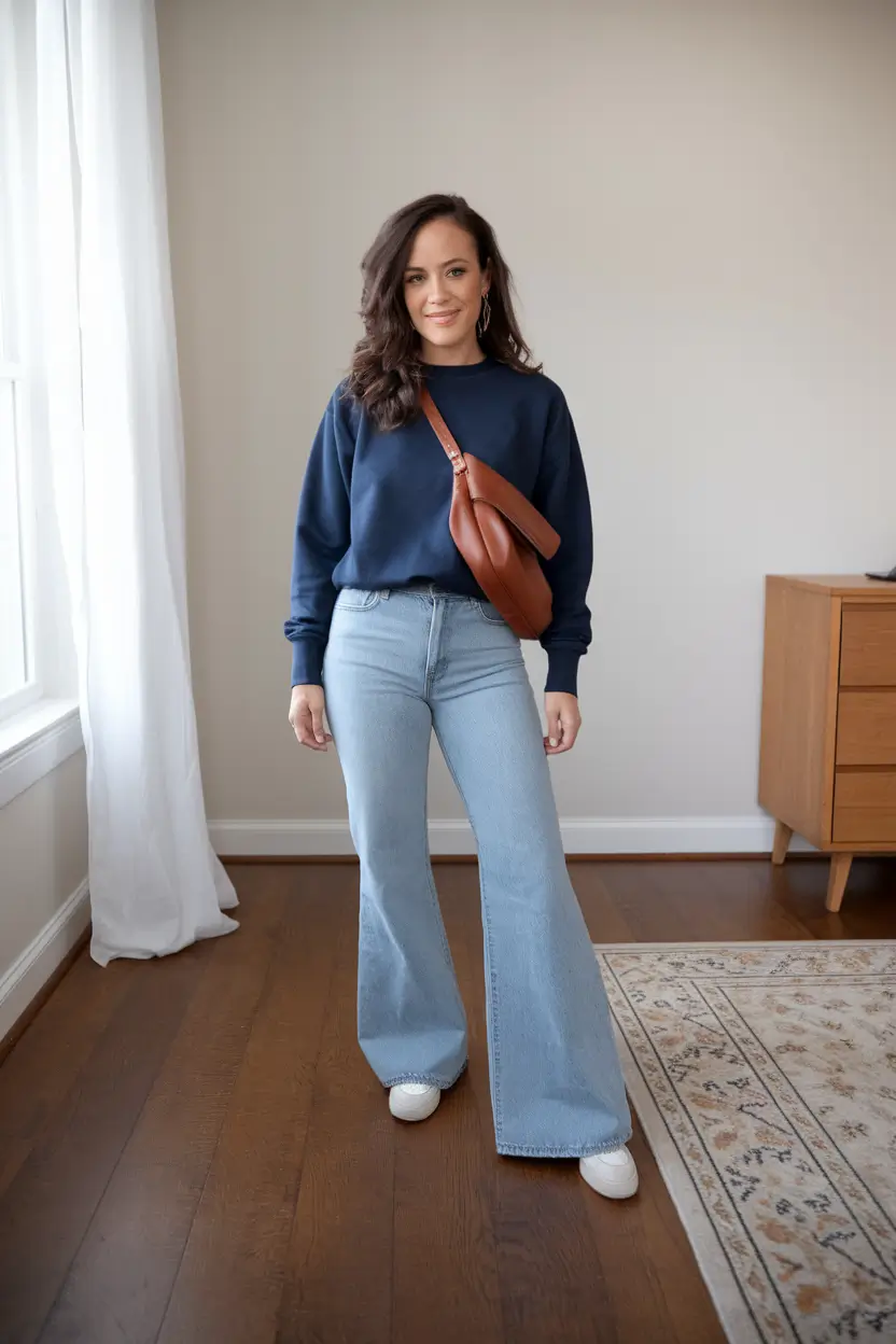 everyday fall outfits ideas 2025 Flared Jeans and Navy Ease