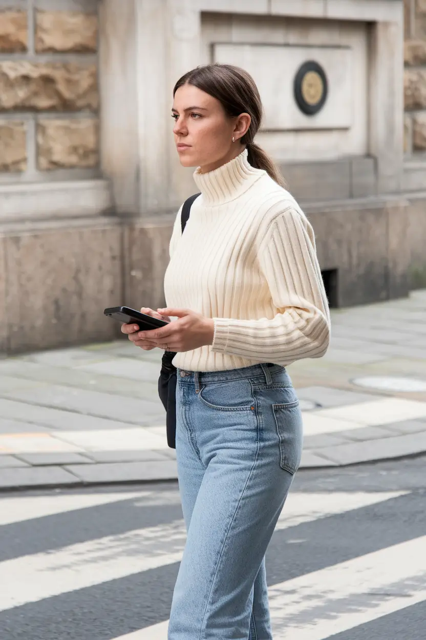 everyday fall outfits ideas 2025 Cream Turtleneck and Classic Denim
