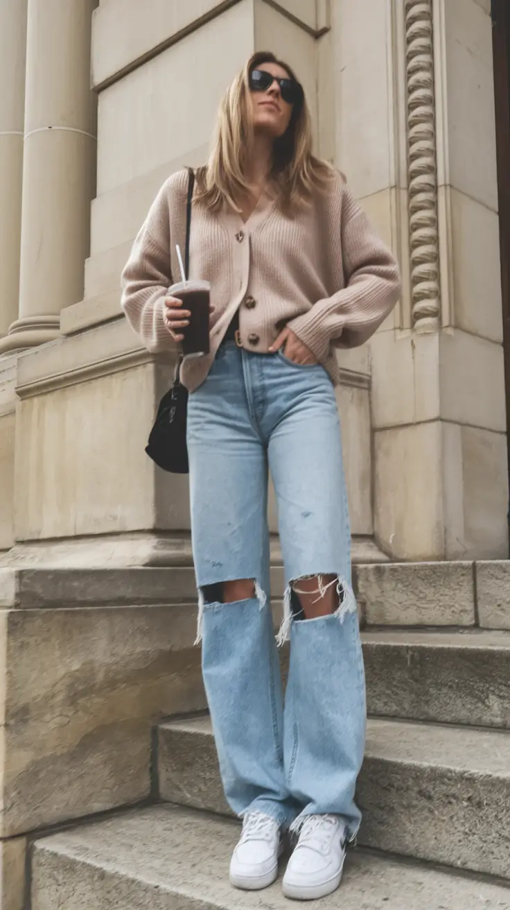 everyday fall outfits ideas 2025 Oversized Cardigan and Ripped Denim