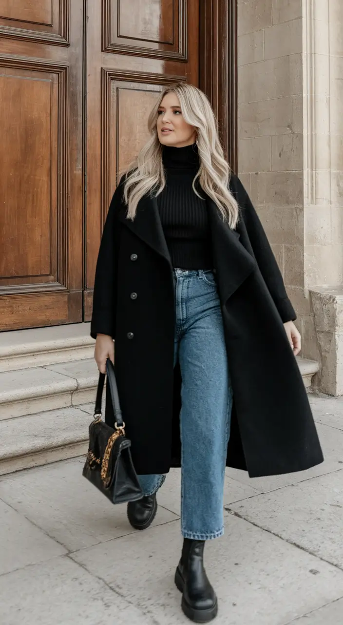 everyday fall outfits ideas 2025 Black Coat and Sleek Layers