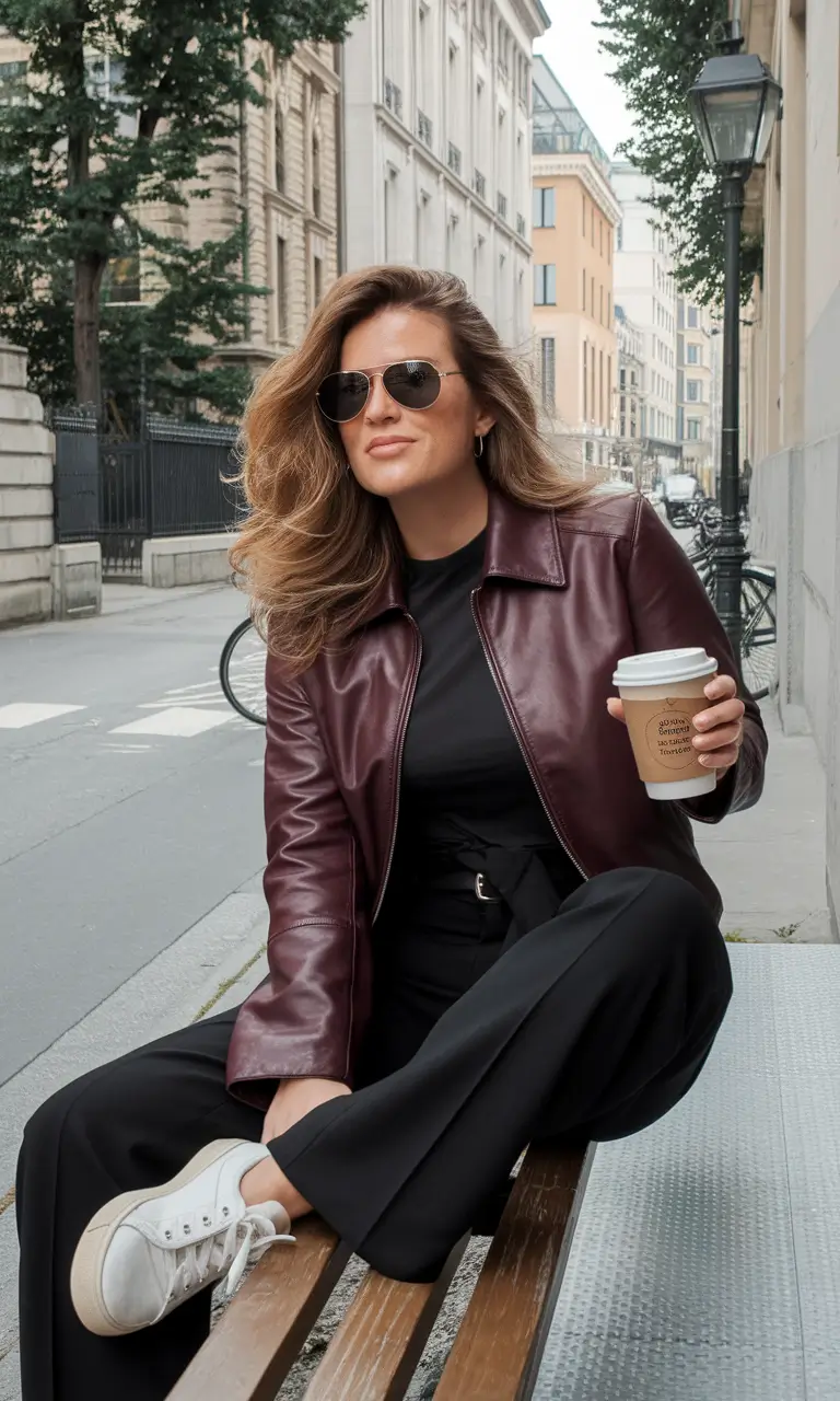 everyday fall outfits ideas 2025 Burgundy Leather and Wide-Leg Comfort