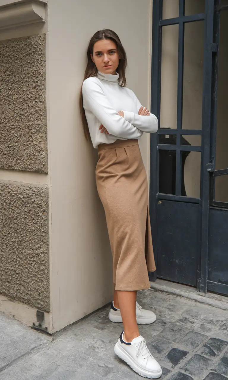 everyday fall outfits ideas 2025 Neutral Skirt with White Turtleneck