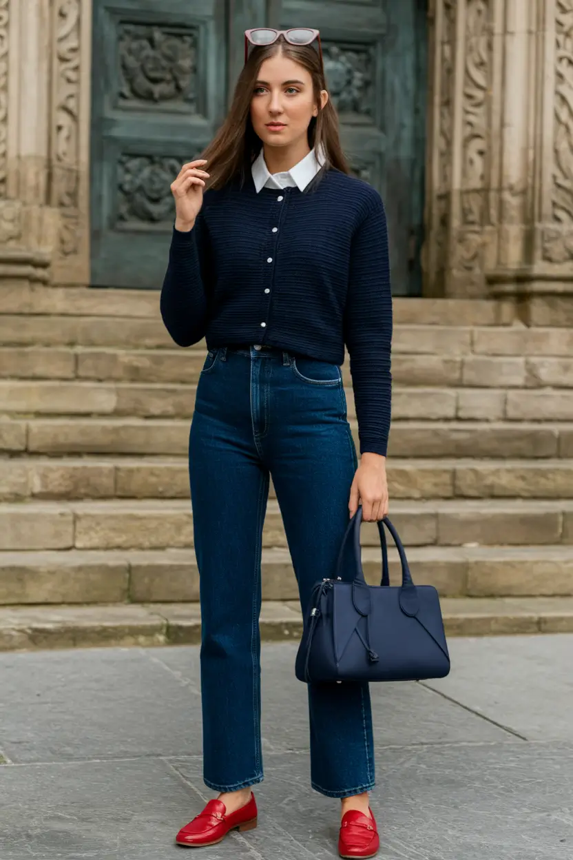 everyday fall outfits ideas 2025 Navy Preppy Chic with a Pop of Red