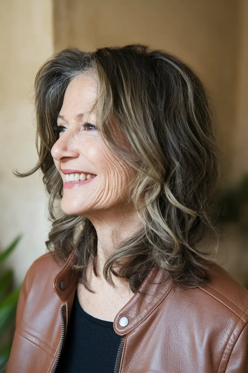 haircuts women over 50 long Medium-Length Tousled Waves with Highlights