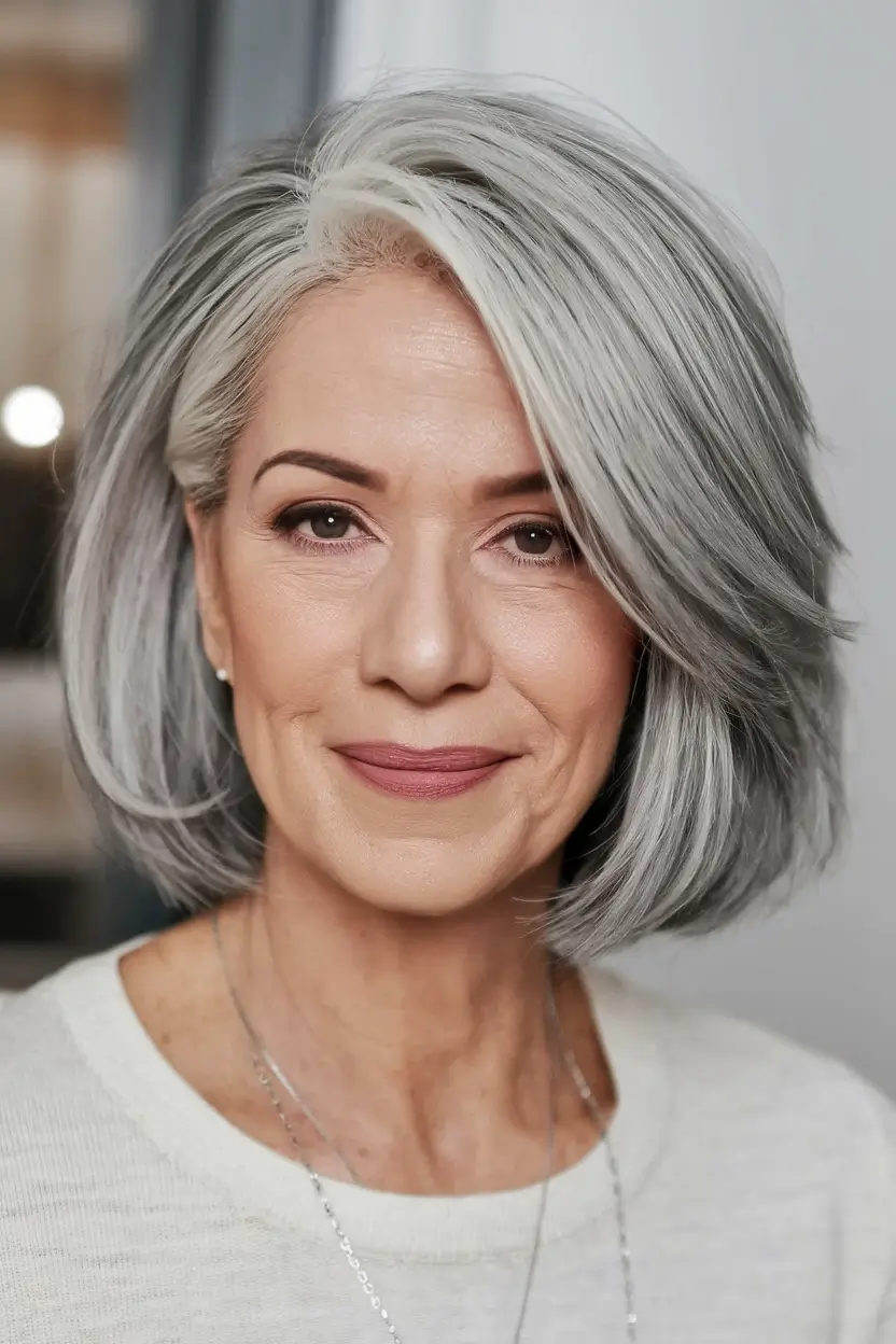 haircuts women over 50 thick hair Silver Power with a Flipped Part