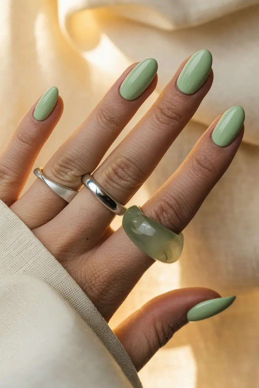 nail color for women over 50 Sage Green Almond Elegance