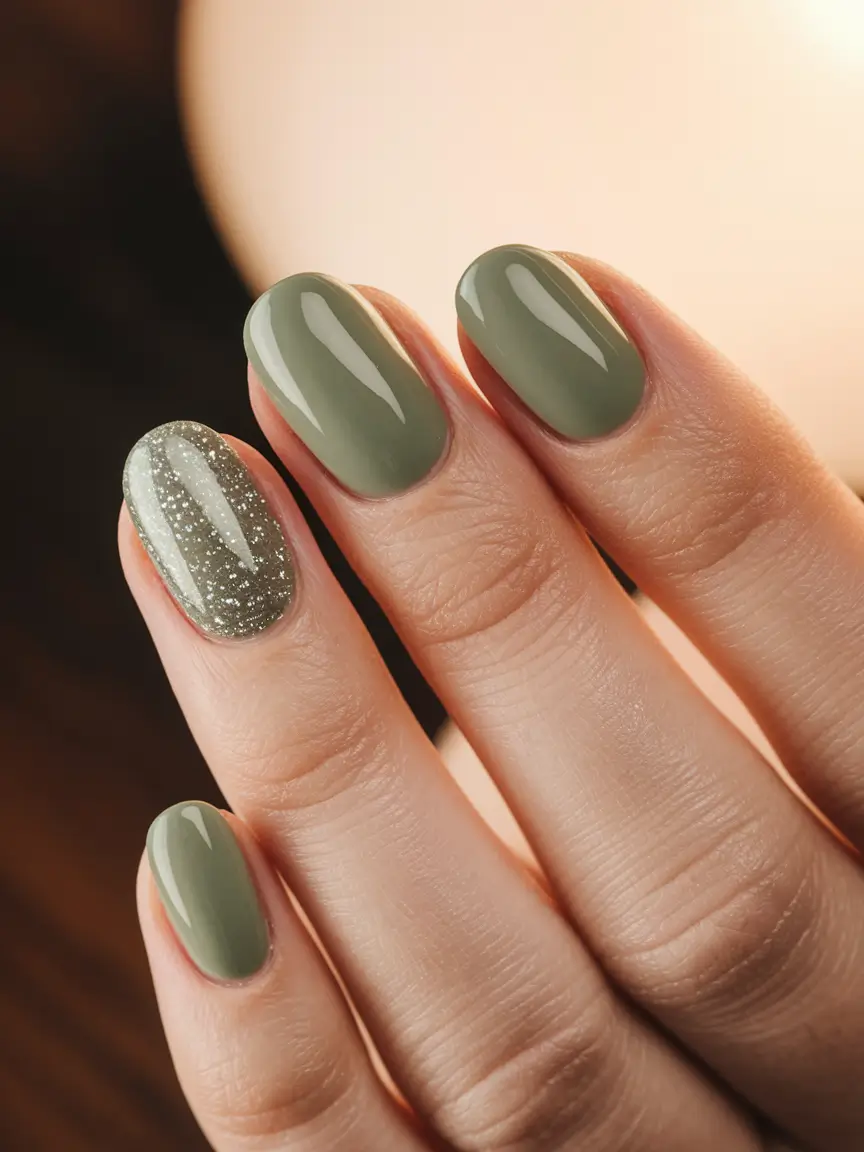 nail color for women over 50 Olive Green and Glitter Accent