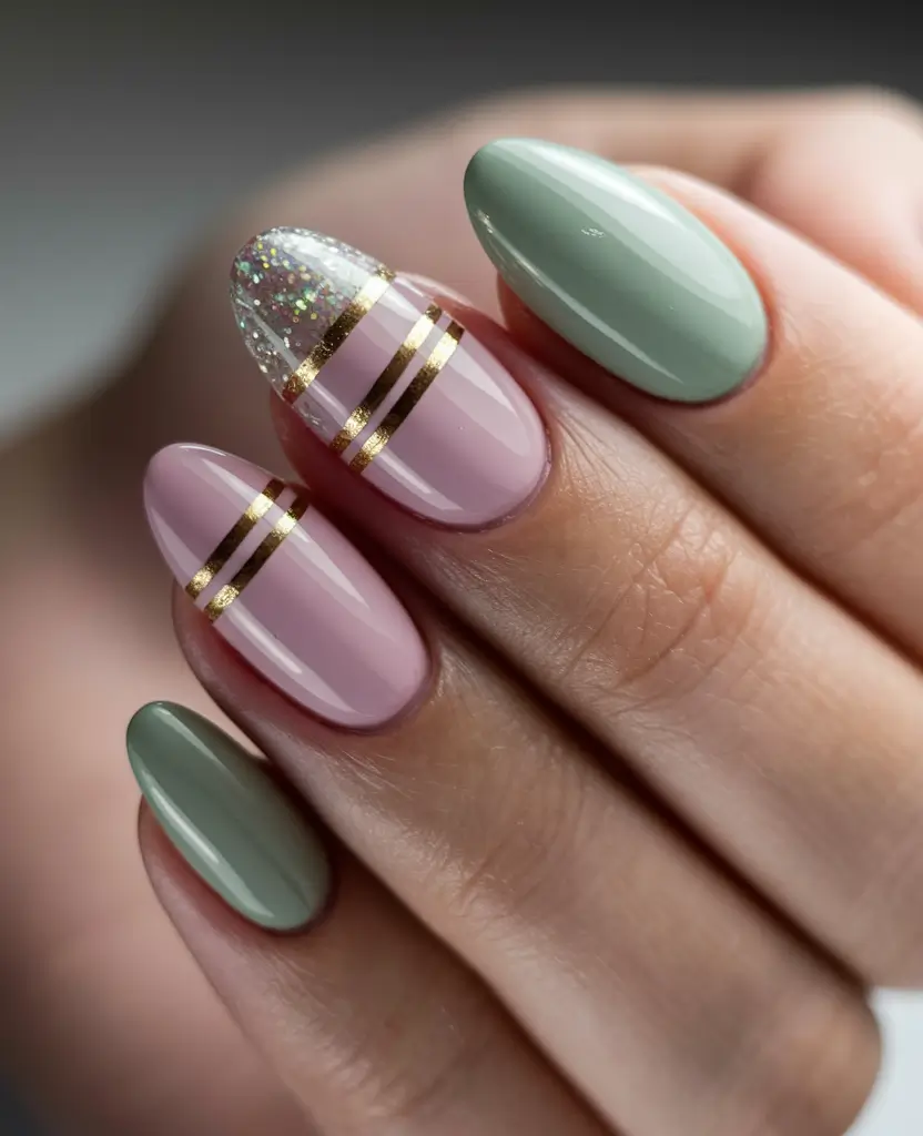 nail color for women over 50 Pastel Green and Pink Stripes