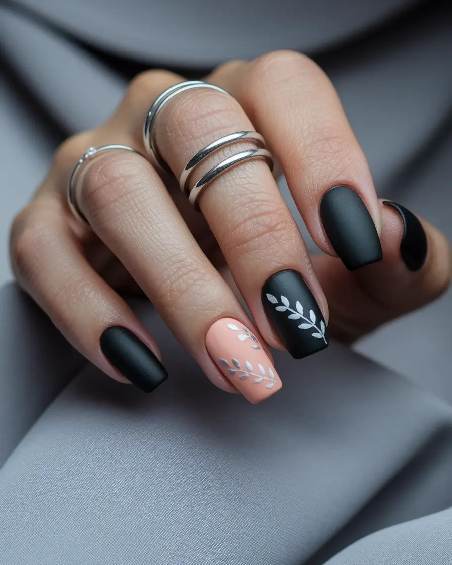 nail color for women over 50 Matte Black with Peach Accent