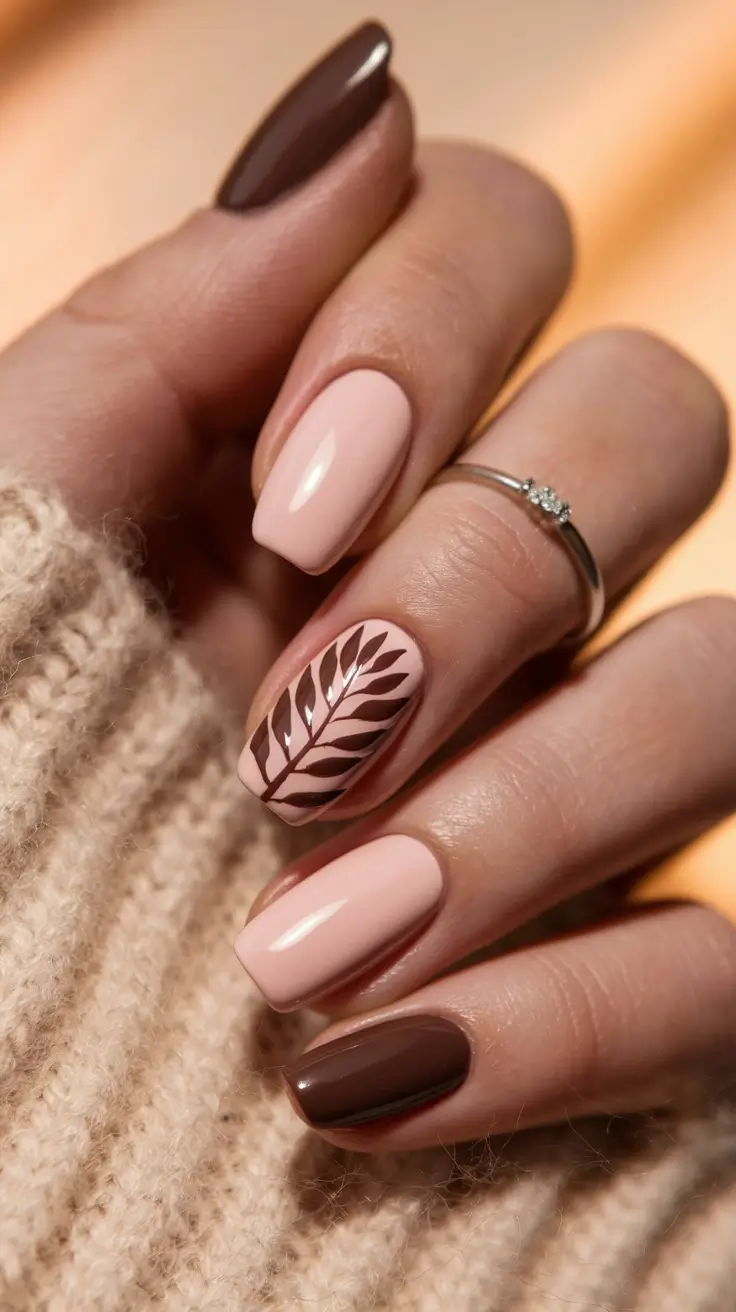 nail color for women over 50 Soft Nude with Brown Leaf Detail