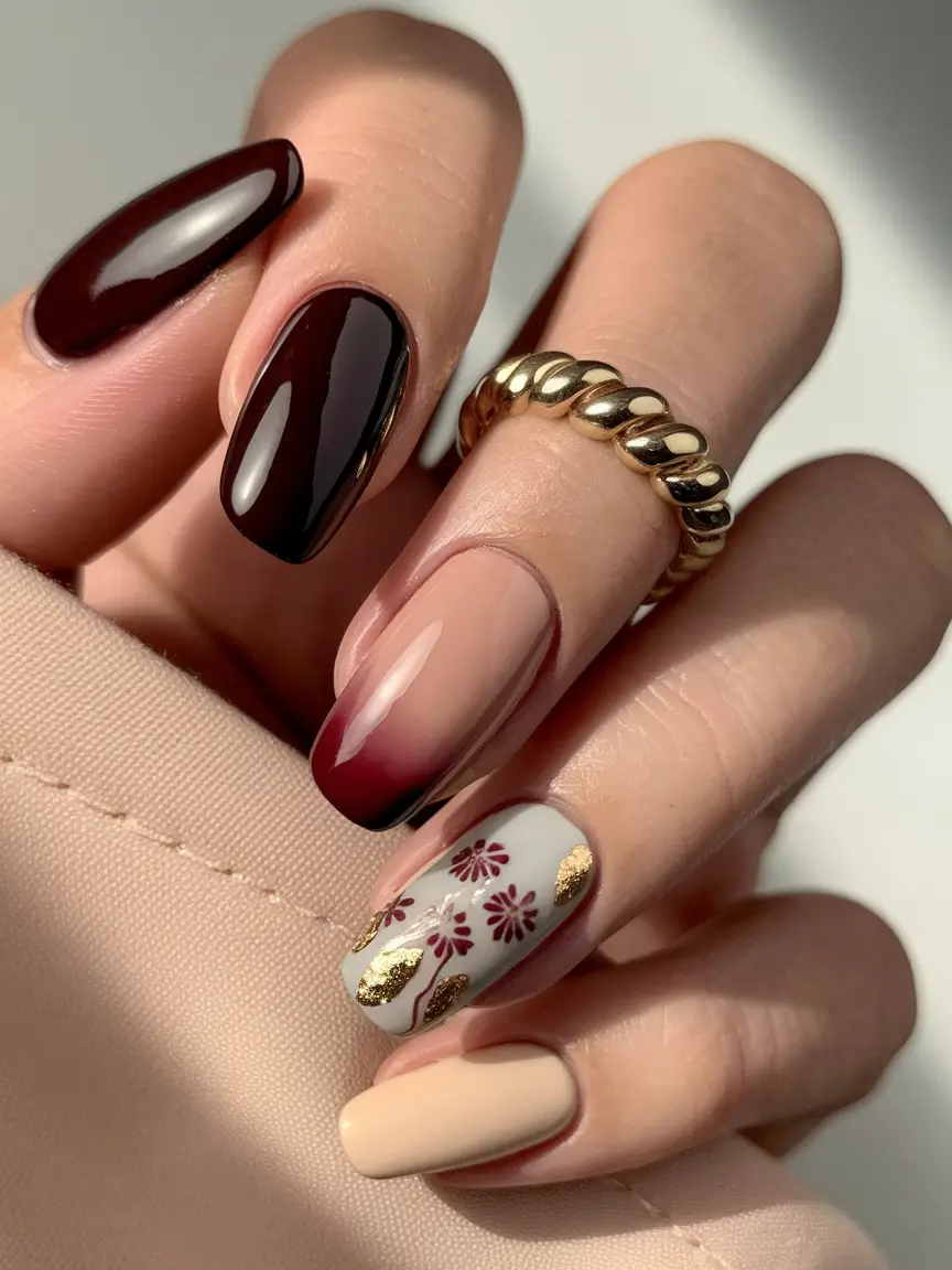 nail color for women over 50 Burgundy Gradient with Floral Art