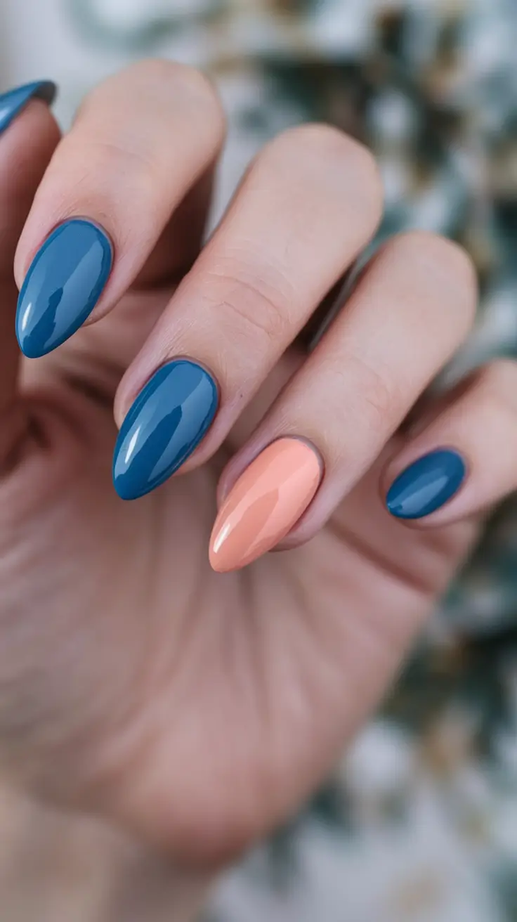 nail color for women over 50 Blue and Peach Contrast