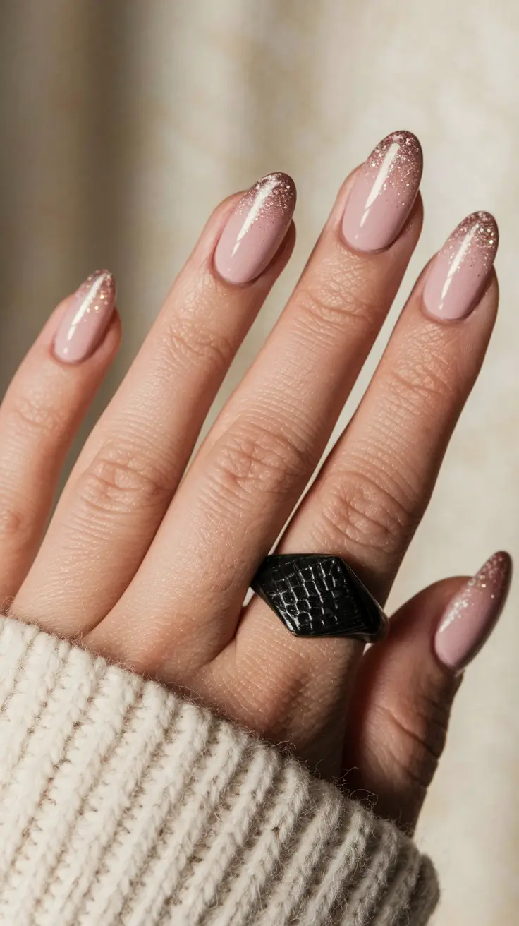 Fall Nail Color Ideas for Women Over 60 Soft Nude Elegance with a Touch of Sparkle