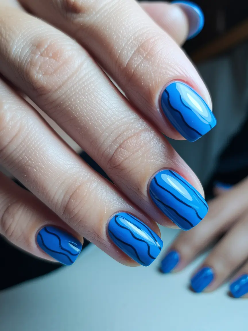 Fall Nail Color Ideas for Women Over 60 Electric Blue with Wavy Lines