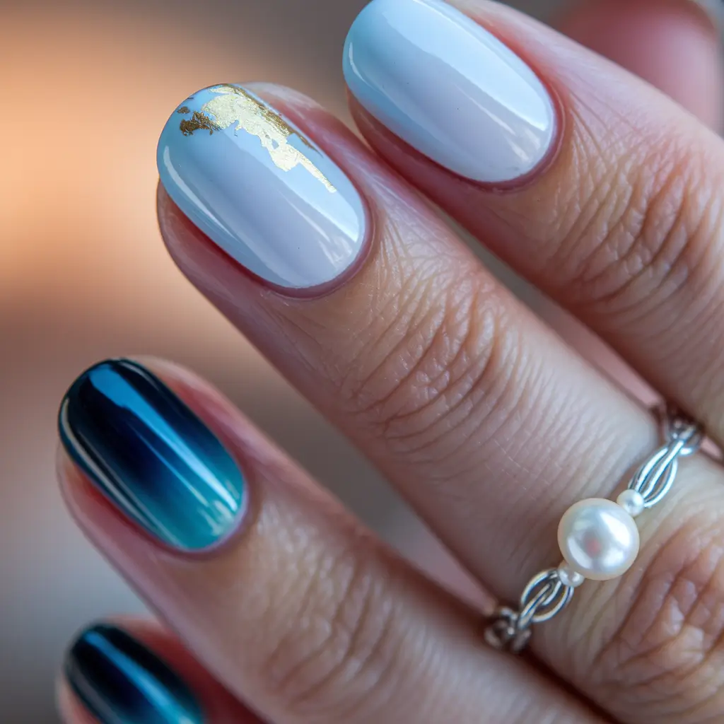 Fall Nail Color Ideas for Women Over 60 Blue Gradient with Golden Accents